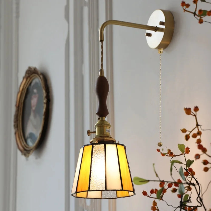 Afralia™ Vintage LED Wall Lights Walnut Wood Pull Chain Switch Mirror Light
