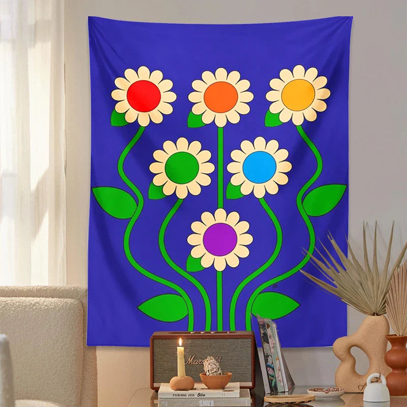 Afralia™ Blue Vintage Daisy Tapestry Wall Hanging Psychedelic Floral Home Decor Art