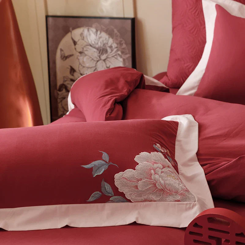 Afralia™ Luxury Chinese Flowers Embroidery Wedding Bedding Set Pillowcases