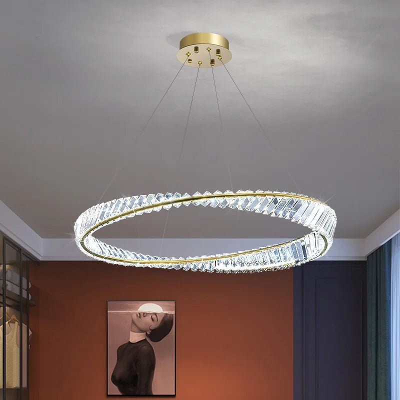 Afralia™ Gold Plated Steel Ring Pendant Lamp with Dimmable LED Lights and K9 Crystals