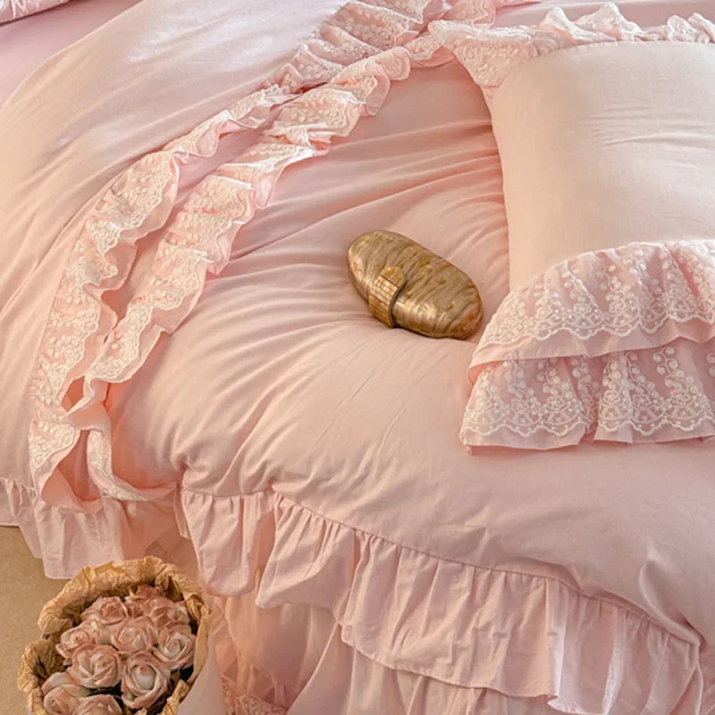 Afralia™ Pink Lace Ruffles Princess Style Cotton Bedding Set with Bed Skirt and Pillowcases