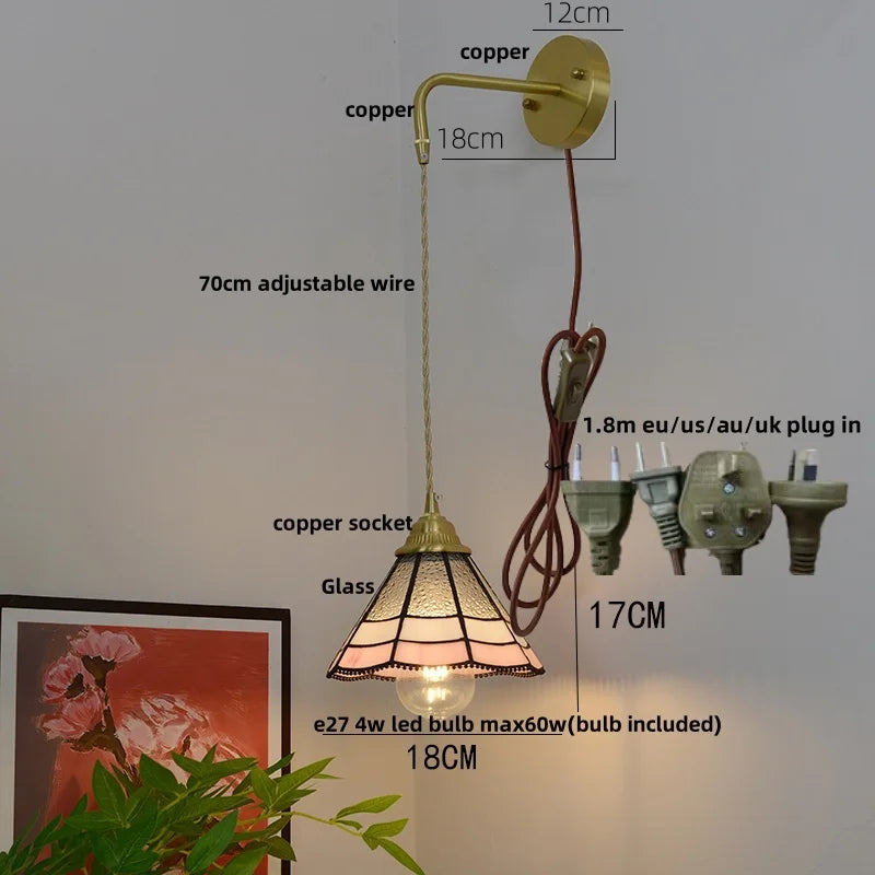 Afralia™ Glass Brass LED Wall Sconce Pull Chain Switch Vintage Vanity Light