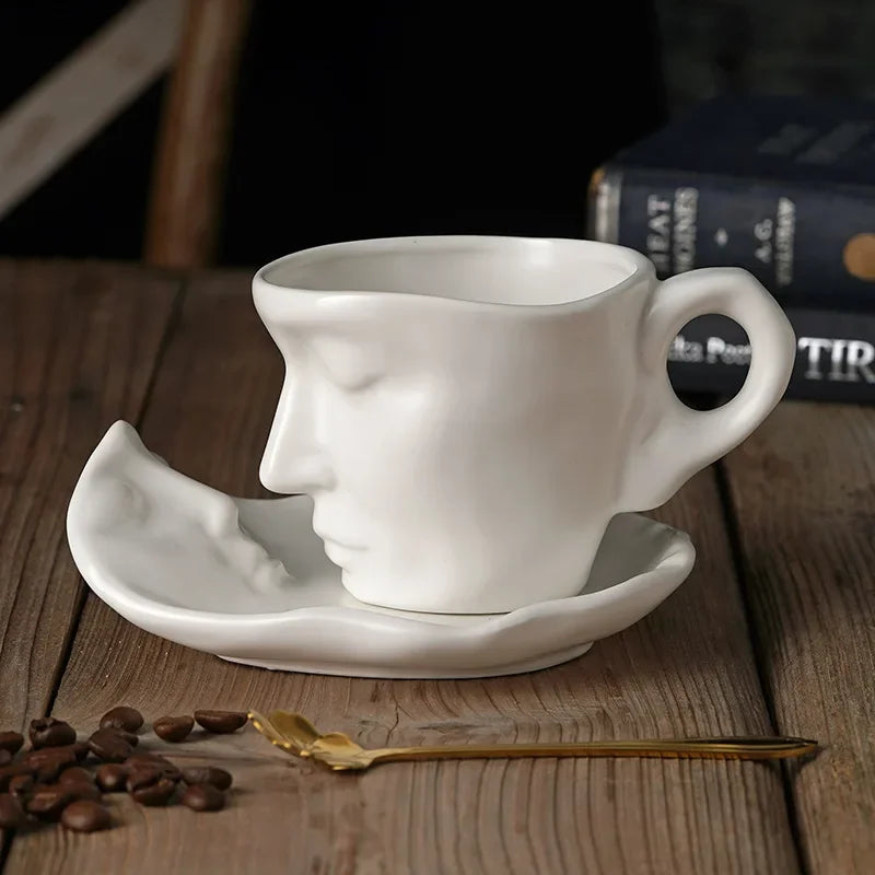 Afralia™ Frosted Ceramic Face Mug Set: Cup, Saucer, Spoon for Coffee, Tea, Milk