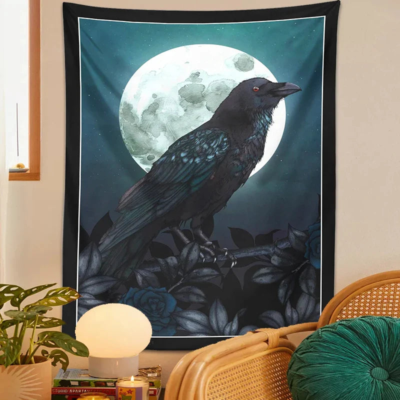 Afralia™ Raven & Moon Gothic Tapestry Wall Hanging for Dark Rose Bird Lover Room