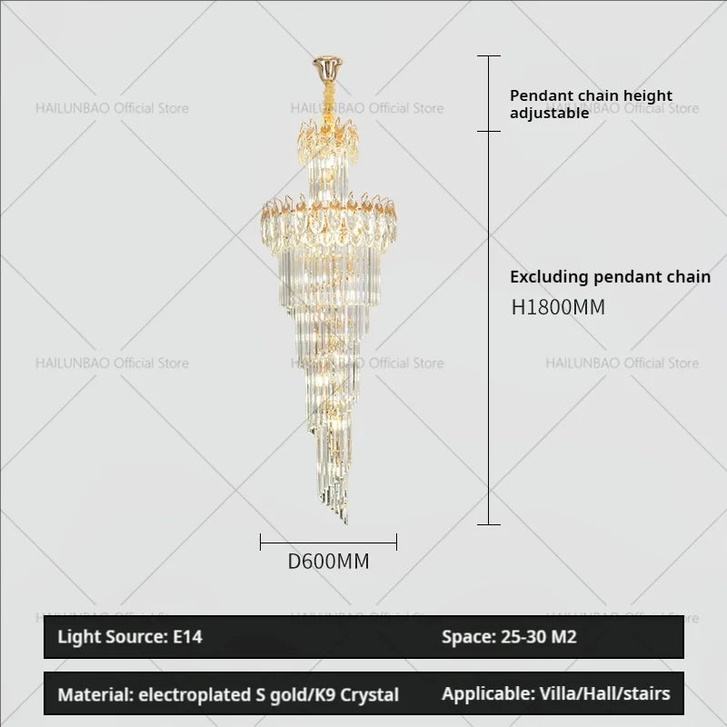 Afralia™ Luxury Crystal Chandelier for Modern Villa Living Room, Rotating Staircase Long Light
