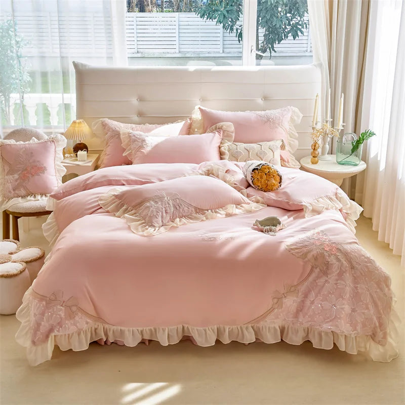 Afralia™ Pink Butterfly Embroidery Lace Princess Wedding Bedding Set