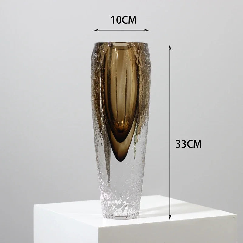 Afralia™ Brown Glazed Glass Vase Hammer Cut Decorative Handicraft Flower Arrangement Ornaments
