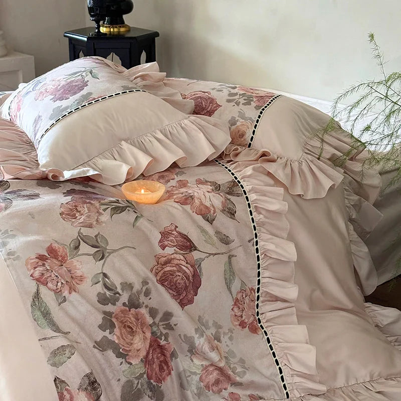 Afralia™ Rose Ruffles Bedding Set in Egyptian Cotton - Double Queen King Sizes