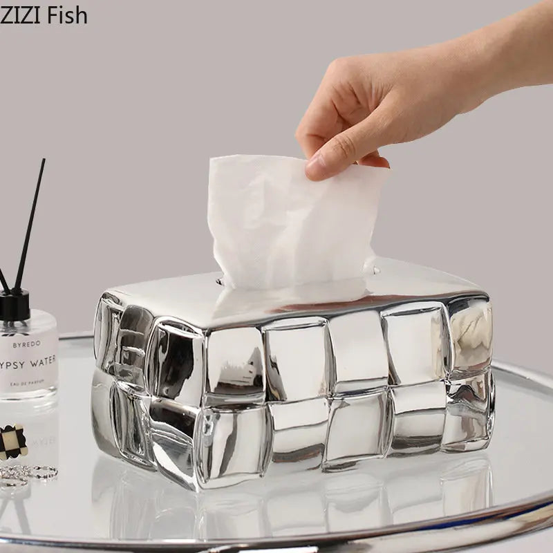 Afralia™ Geometric Grain Silver Check Tissue Box Holder & Desktop Organizer