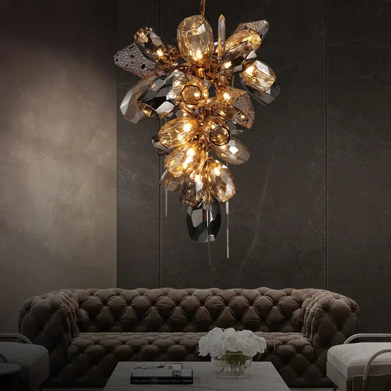Afralia™ Gold Steel LED Pendant Lights with Cognac/Gray Glass Shades
