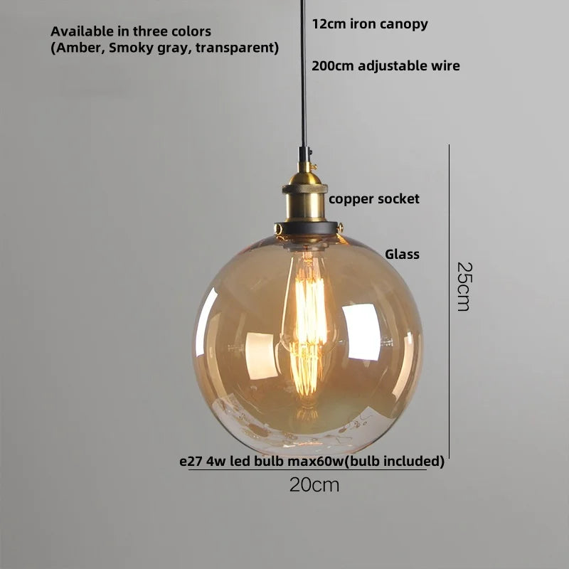 Afralia™ Vintage Copper LED Glass Pendant Lamp for Kitchen Coffee Restaurant Loft
