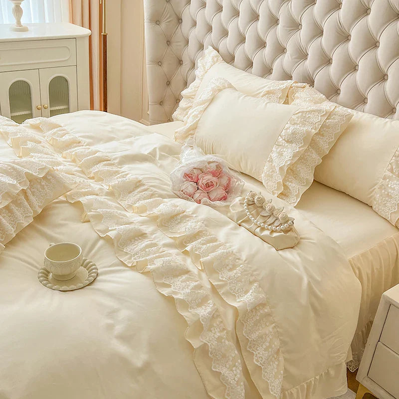 Afralia™ Princess Style Lace Ruffles Bedding Set with Pillowcase 4Pcs