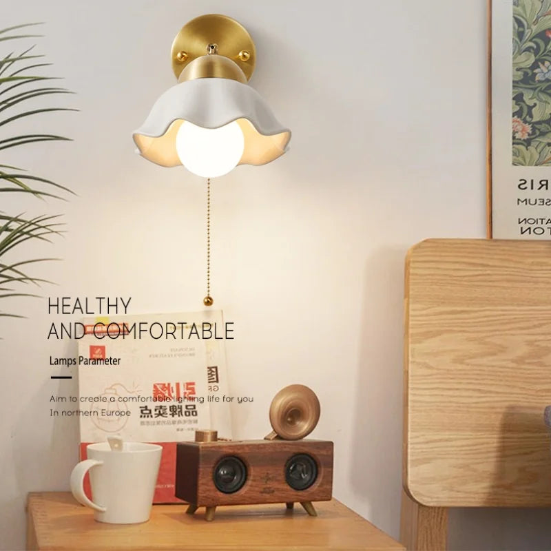 Afralia™ Copper LED Wall Light Fixture Pull Chain Switch Reading Dining Room Bedside Lamp