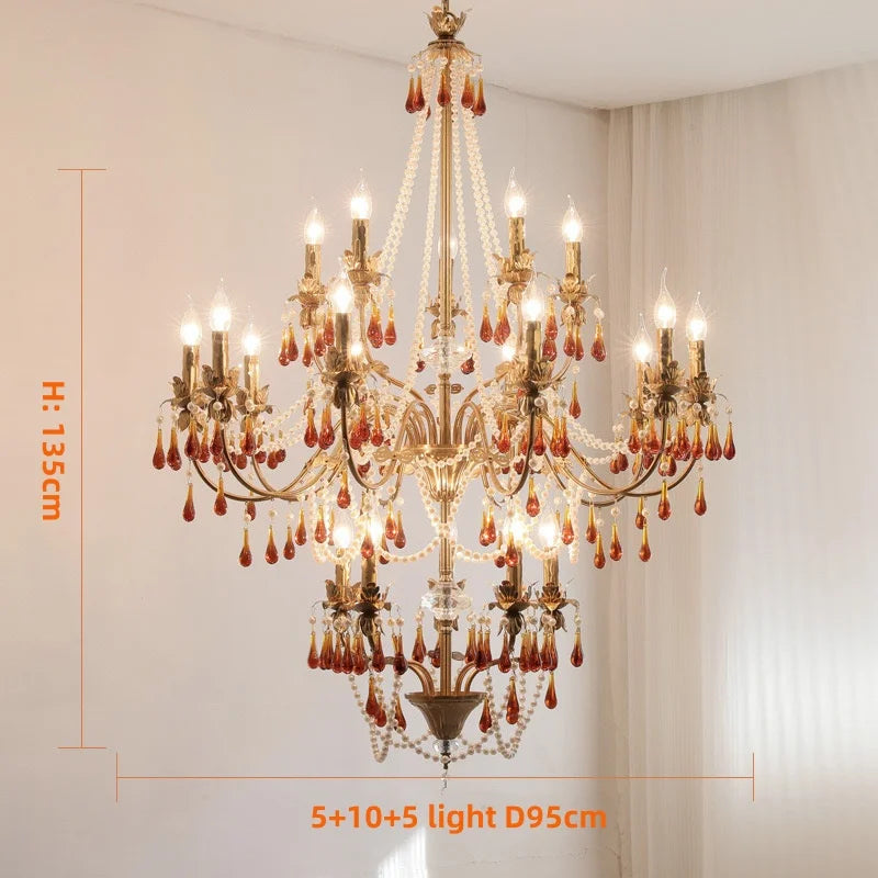 Afralia™ Luxury Red Crystal Candle Chandelier LED Pendant Light - Copper E14 Glamourizing Luminarias