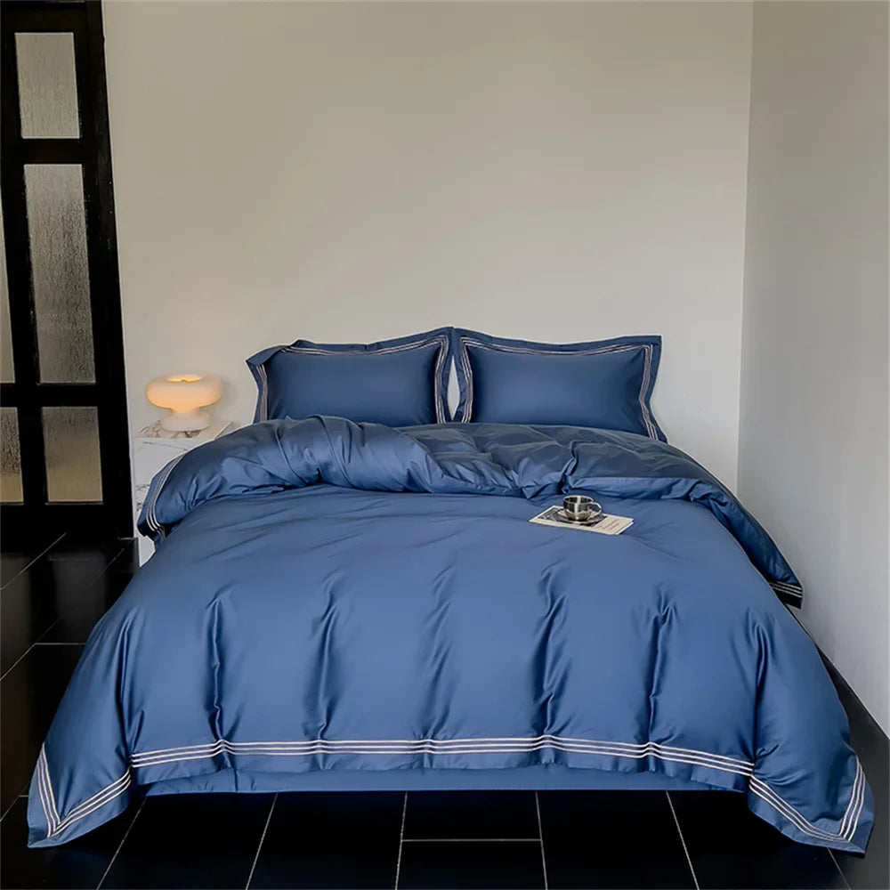 Afralia™ 1200TC Embroidered Egyptian Cotton Bedding Set - 4pcs King Queen Solid Sheets