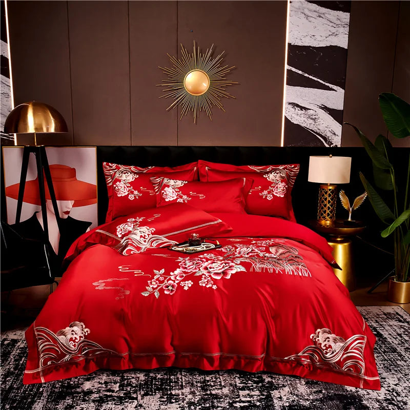 Afralia™ Peony Flowers Embroidery Bedding Set - Luxury Chinese Style - Duvet Cover & Sheets