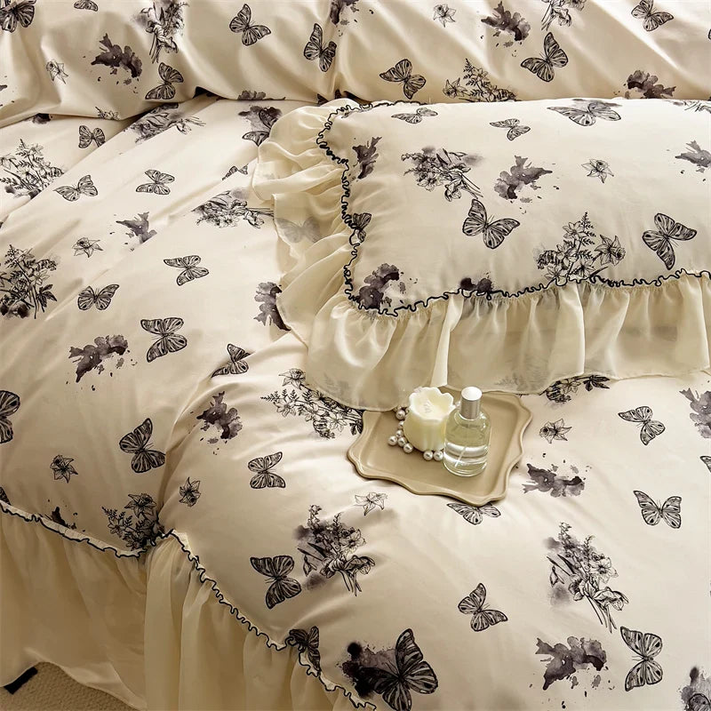 Afralia™ Beige Lace Ruffles Butterfly Flowers Print Bedding Set with Egyptian Cotton Quality