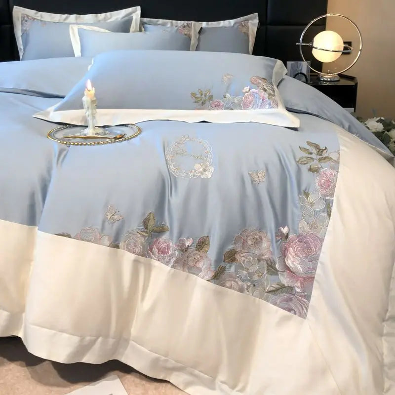 Afralia™ Rose Flowers Embroidery Bedding Set, Pink Egyptian Cotton, Luxury 4Pcs