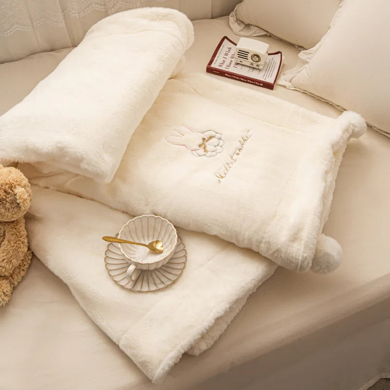 Afralia™ Tuscan Faux Rabbit Fur Embroidered Plush Throw Blanket cozy Winter Warmth