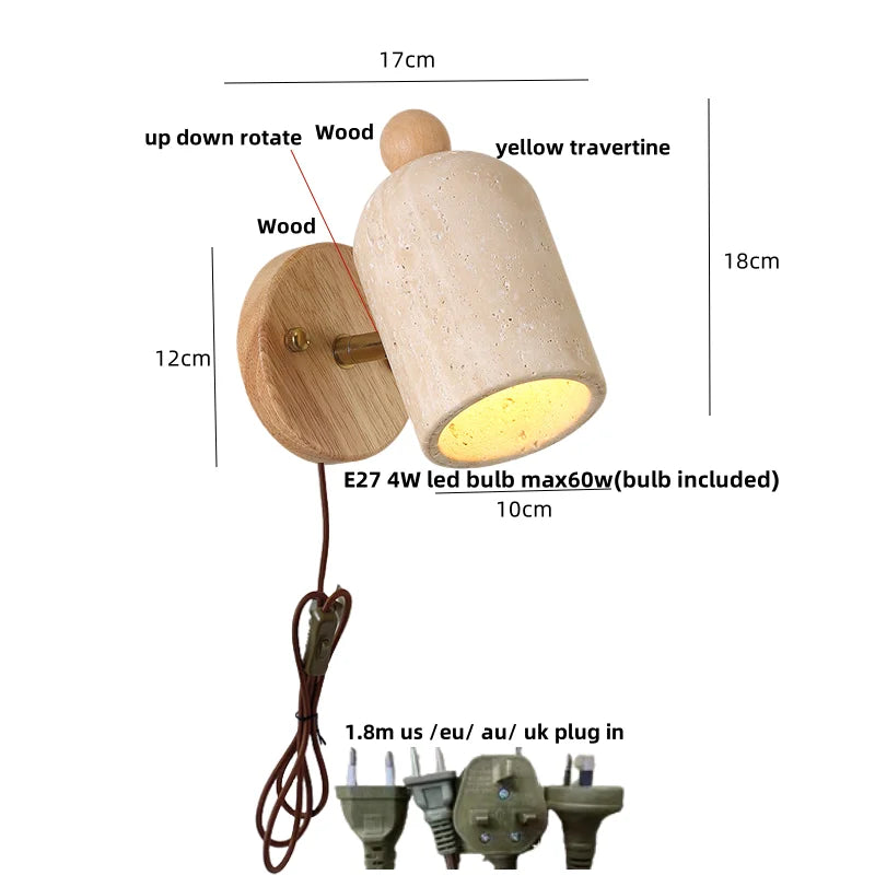 Afralia™ LED Wall Light Fixture Up Down Rotate Pull Chain Switch Yellow Travertine Wood
