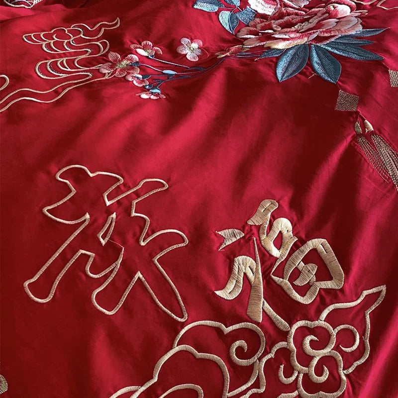 Afralia™ Peony Flowers Embroidery Queen Bedding Set with Brushed Duvet Cover and Sheet
