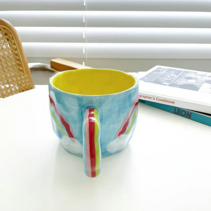 Afralia™ Hand-Painted Irregular Ceramic Coffee Mug Flower Rainbow Design