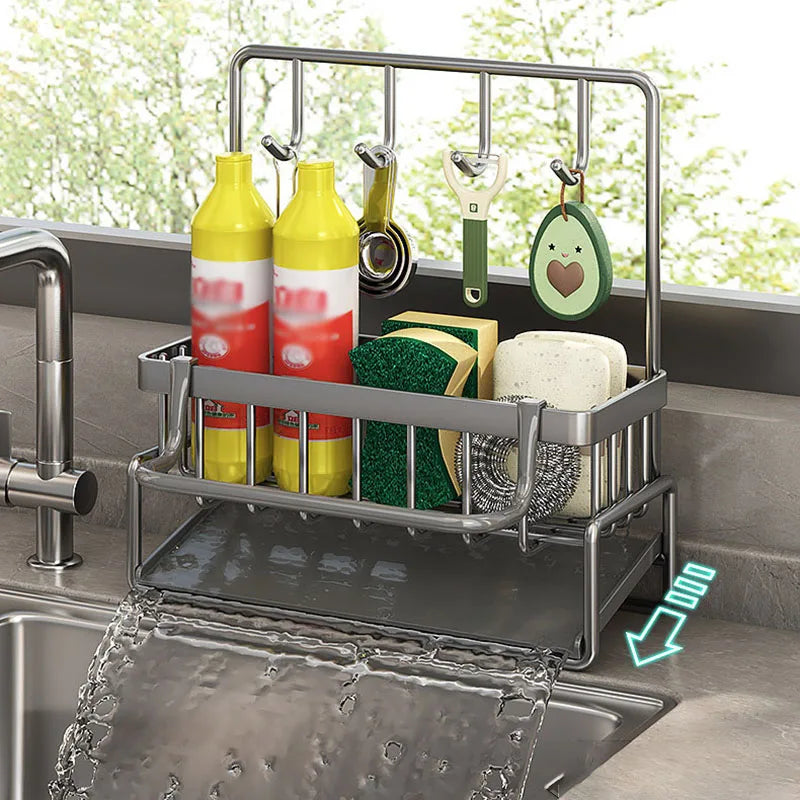 Afralia™ Stainless Steel Kitchen Sink Shelf & Sponge Holder Towel Organizer Basket