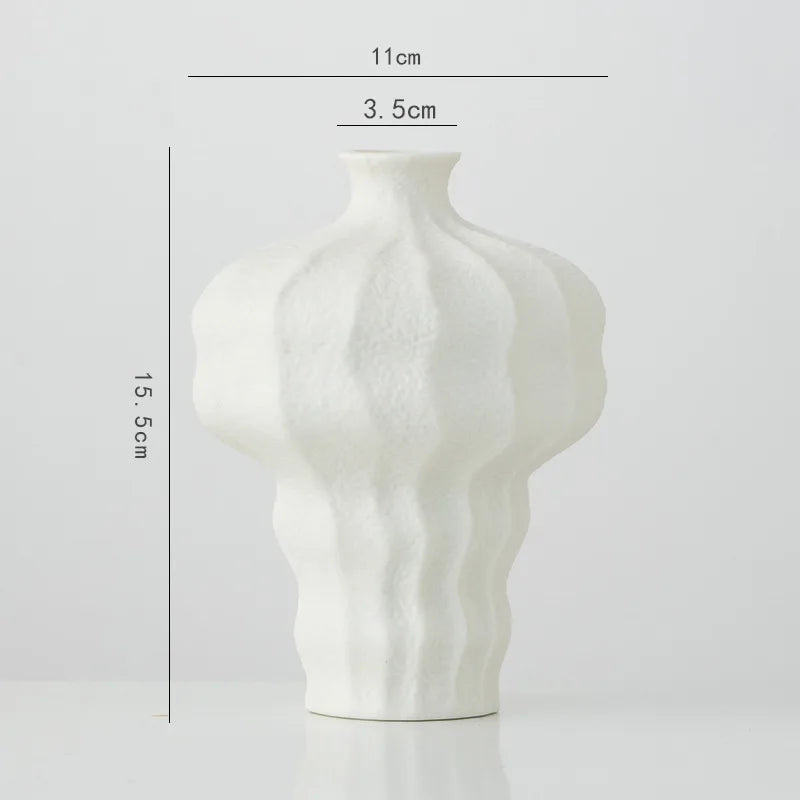 Afralia™ White Ceramic Irregular Fold Calabash Vase - Room Decoration Floral Arrangement Pot