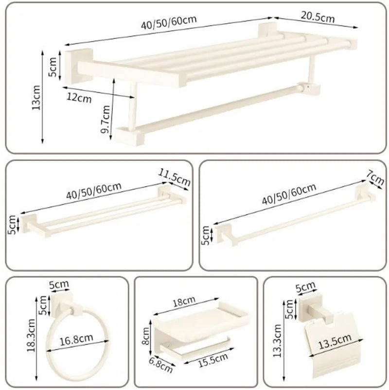 Afralia™ Bathroom Set: Cream White Shelf, Towel Rack, Paper Holder, Brush Holder & Hardware