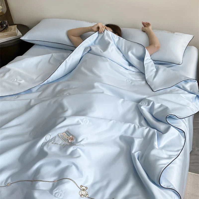 Afralia™ Ice Rayon Summer Quilt: Bear Floral Embroidery Cooling Thin Blanket - Antimicrobial Comforter