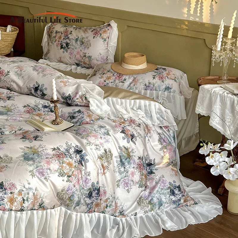 Afralia™ French Flowers Lace Ruffles Princess Bedding Set with 1000TC Egyptian Cotton