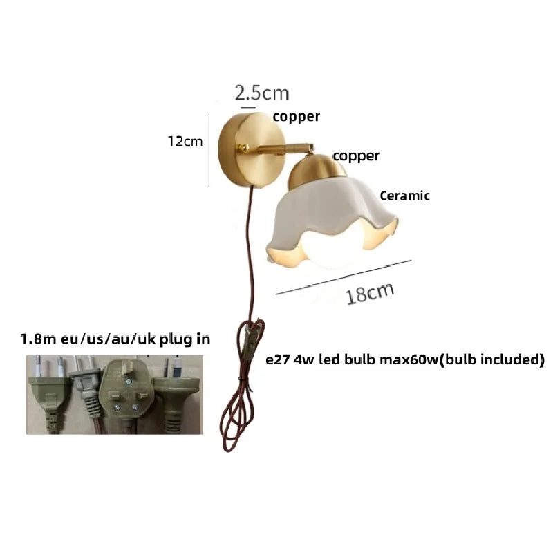 Afralia™ Copper LED Wall Light Fixture Pull Chain Switch Simple Art Bedside Lamp