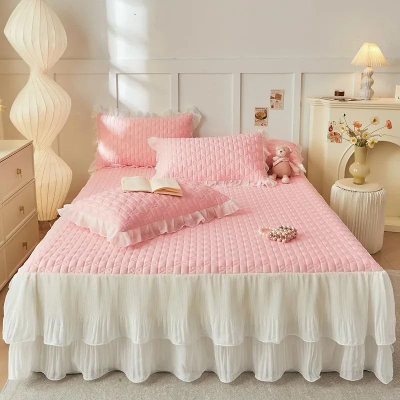 Afralia™ Lace Ruffles Cooling Bed Skirt Set with Pillowcases