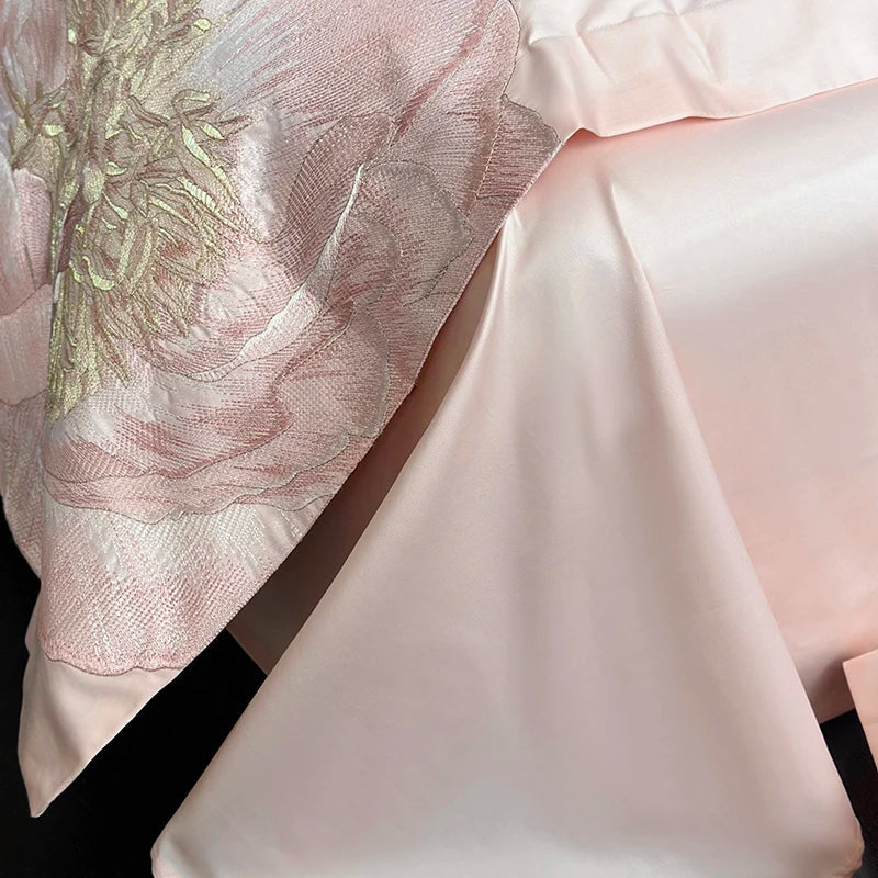 Afralia™ Luxury Pink Blue Champagne Flowers Embroidery Bedding Set 1000TC Egyptian Cotton