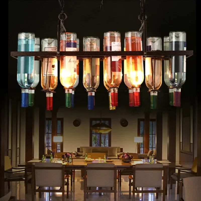 Afralia™ Industrial Metal Wine Bottle Chandelier for Coffee Shop Bar LED Decor