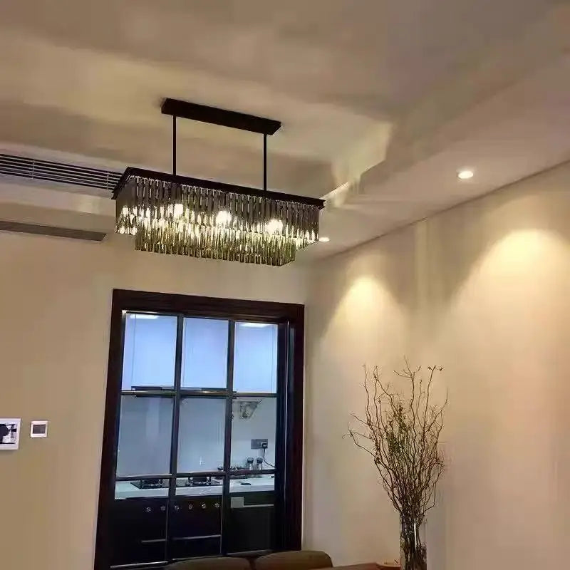 Afralia™ Crystal Pendant Light: Black Rectangular Dining Room Fixture, American Style Retro Design