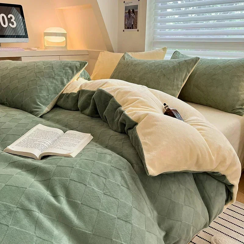 Afralia™ High-Density Milk Fleece Duvet Set with Winter Warmth King Bedding & Plush Blanket Cover