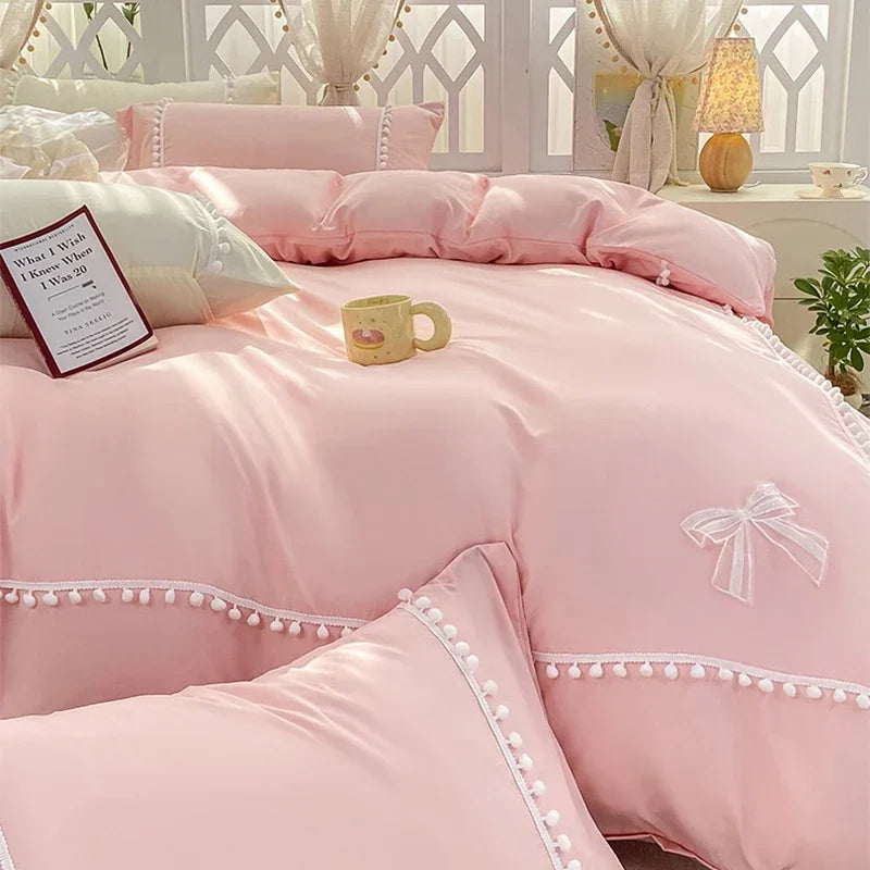 Afralia™ Pearl Lace Bowknot Princess Bedding Sets for Girl Woman Bedroom