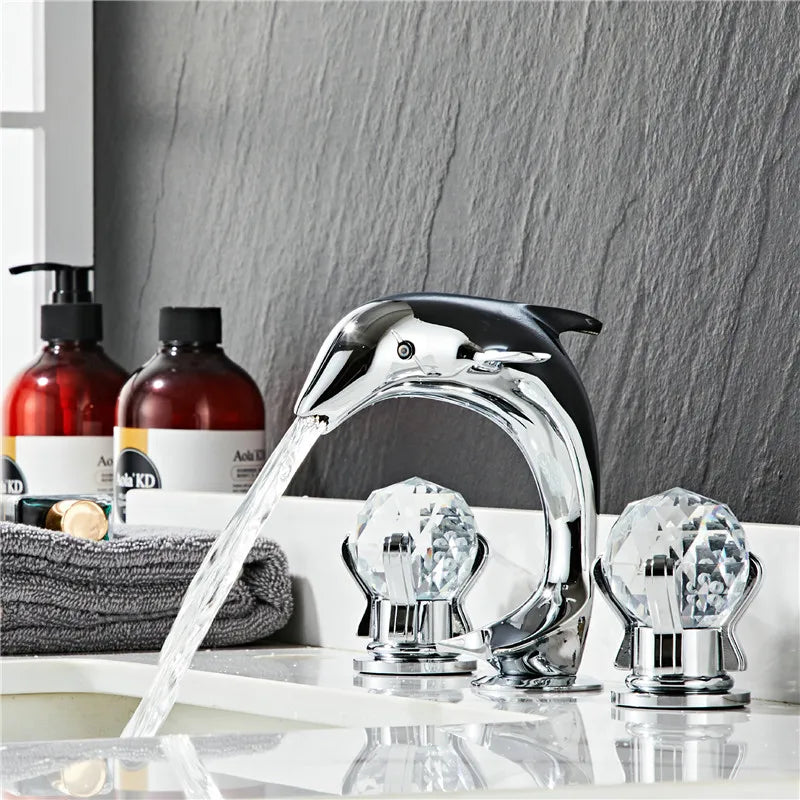 Afralia™ Gold Basin Faucet: Brass Nickel Dolphin Bathroom Sink Faucet, 3 Hole Widespread