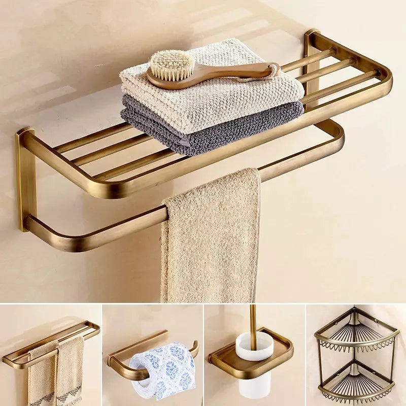 Afralia™ Antique Bronze Bathroom Accessory Set: Shelf, Towel Rack, Holder, Brush, Hanger, Hook