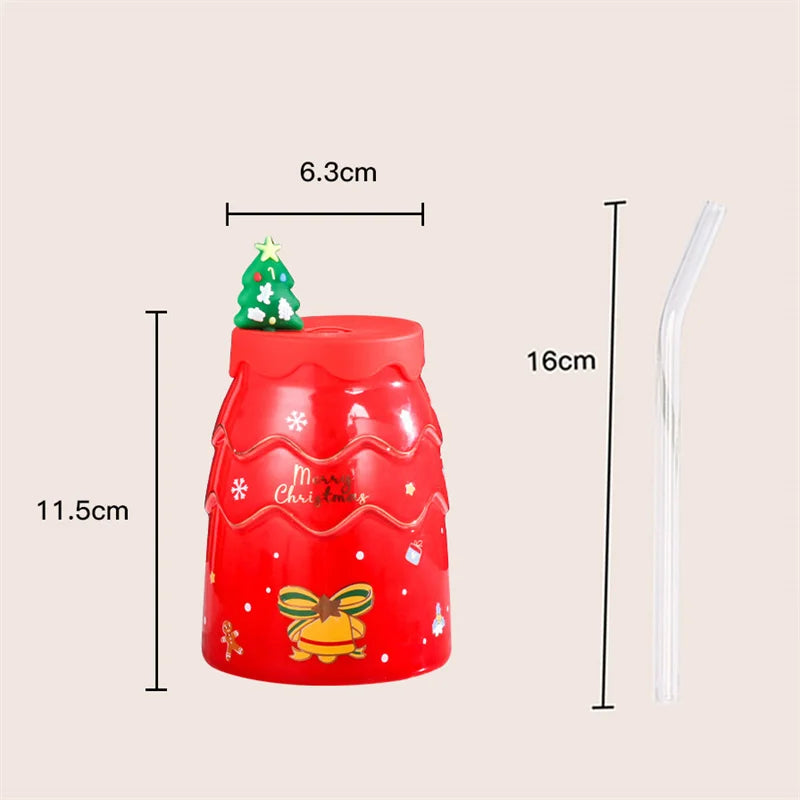Afralia™ Christmas Tree Ceramic Mug with Lid Straw for XMAS Gift