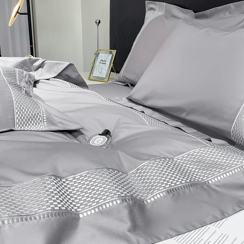 Afralia™ Luxury Embroidery Egyptian Cotton Bedding Set - Soft Silky Quilt Cover & Sheet