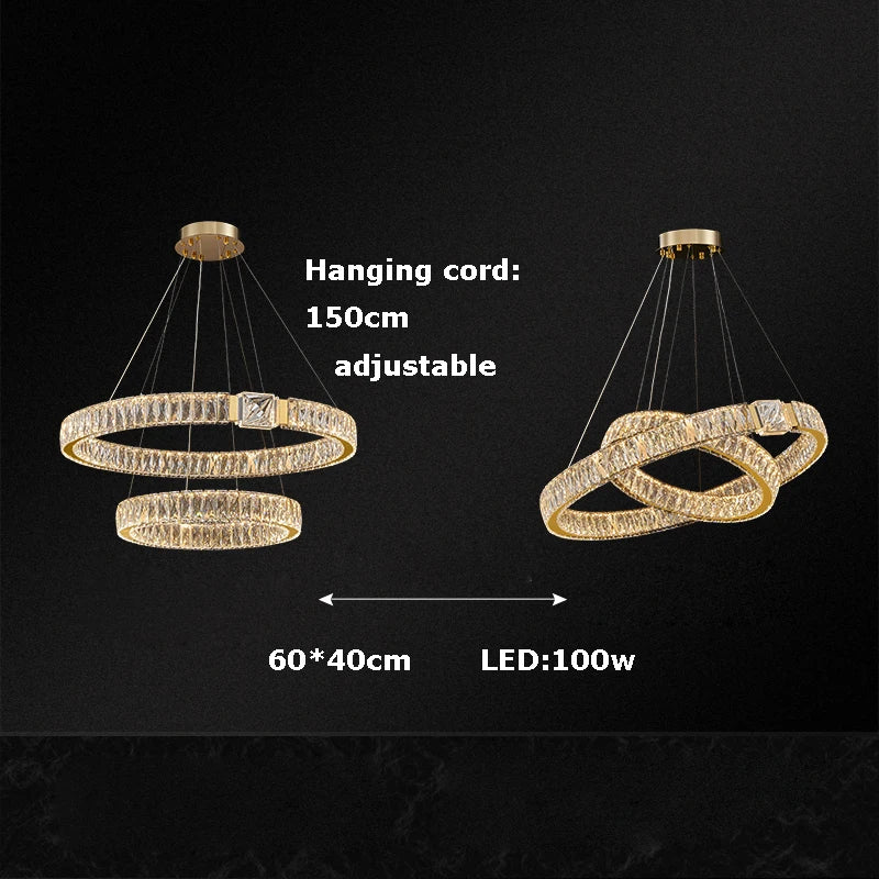 Afralia™ Crystal Block Gold Ring Pendant Light - Luxury Dimmable Ceiling Decor