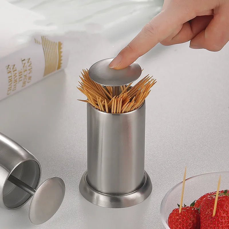 Afralia™ Stainless Steel Toothpick Holder Automatic Spring Cover Organizer Stand