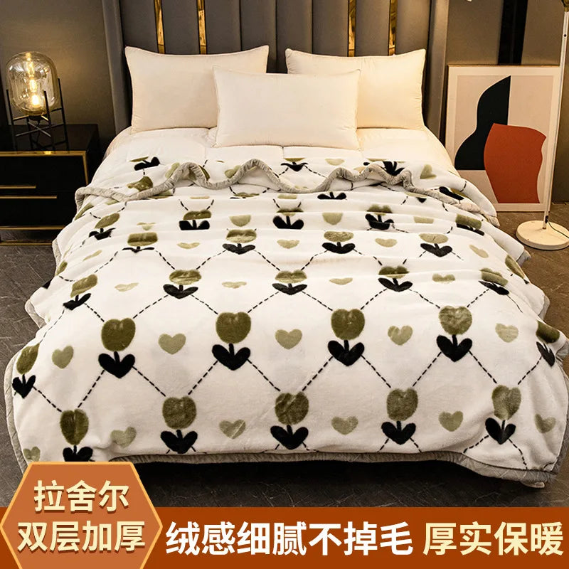 Afralia Winter Raschel Blanket: Double Layered Warm Flannel Bedding Blanket