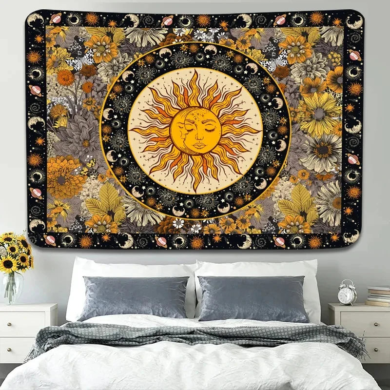 Afralia™ Sun Moon Vintage Boho Wall Tapestry Sunflowers Constellation Aesthetic