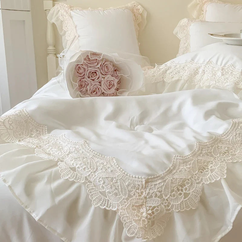 Afralia™ French Wedding Lace Ruffles Bedding Set