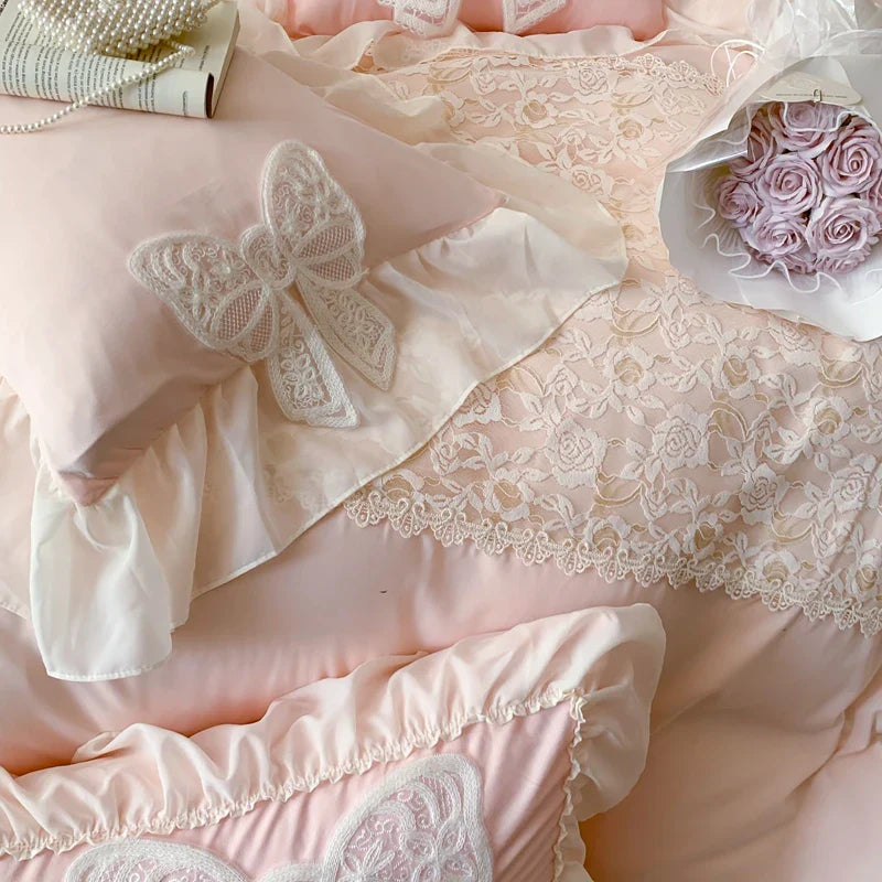 Afralia™ Romantic Lace Ruffles Bedding Set with Bow Decoration - Pink Girls Duvet Cover Set