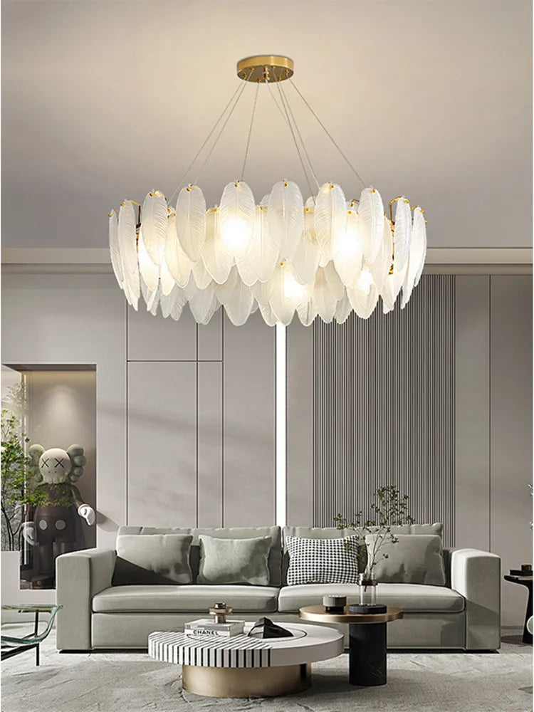 Afralia™ Glass Feather Chandelier: Luxury Art Decor Ceiling Chandelier for Living Dining Room