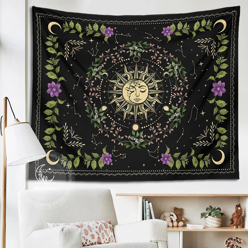 Afralia™ Botanical Moon Phase Floral Tapestry Wall Hanging for Cottagecore Dorm Decor